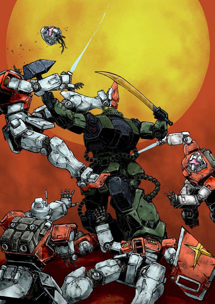 absurdres, battle, energy_sword, damaged, gm_(mobile_suit), gundam, highres, holding