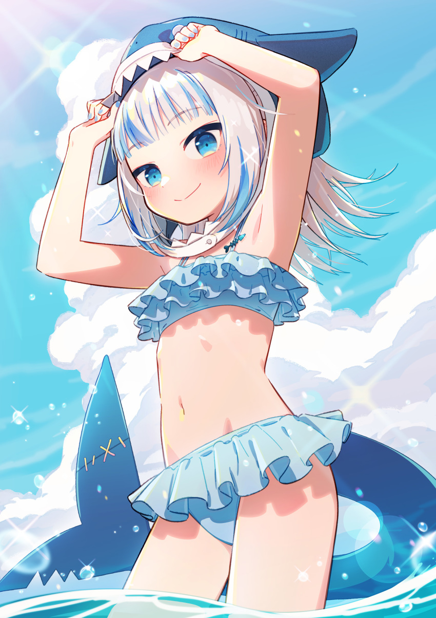 1girl, animal_hood, armpits, bikini, blue_bikini, blue_hair, blue_sky, closed_mouth, cloud, day, fins, fish_tail, frilled_bikini, frills, gawr_gura, highres, hololive, hololive_english, hood, looking_at_viewer, multicolored_hair, navel, partially_submerged, shark_hood, shark_tail, sky, smile, solo, swimsuit, tail, two-tone_hair, uchako, virtual_youtuber, water, white_hair