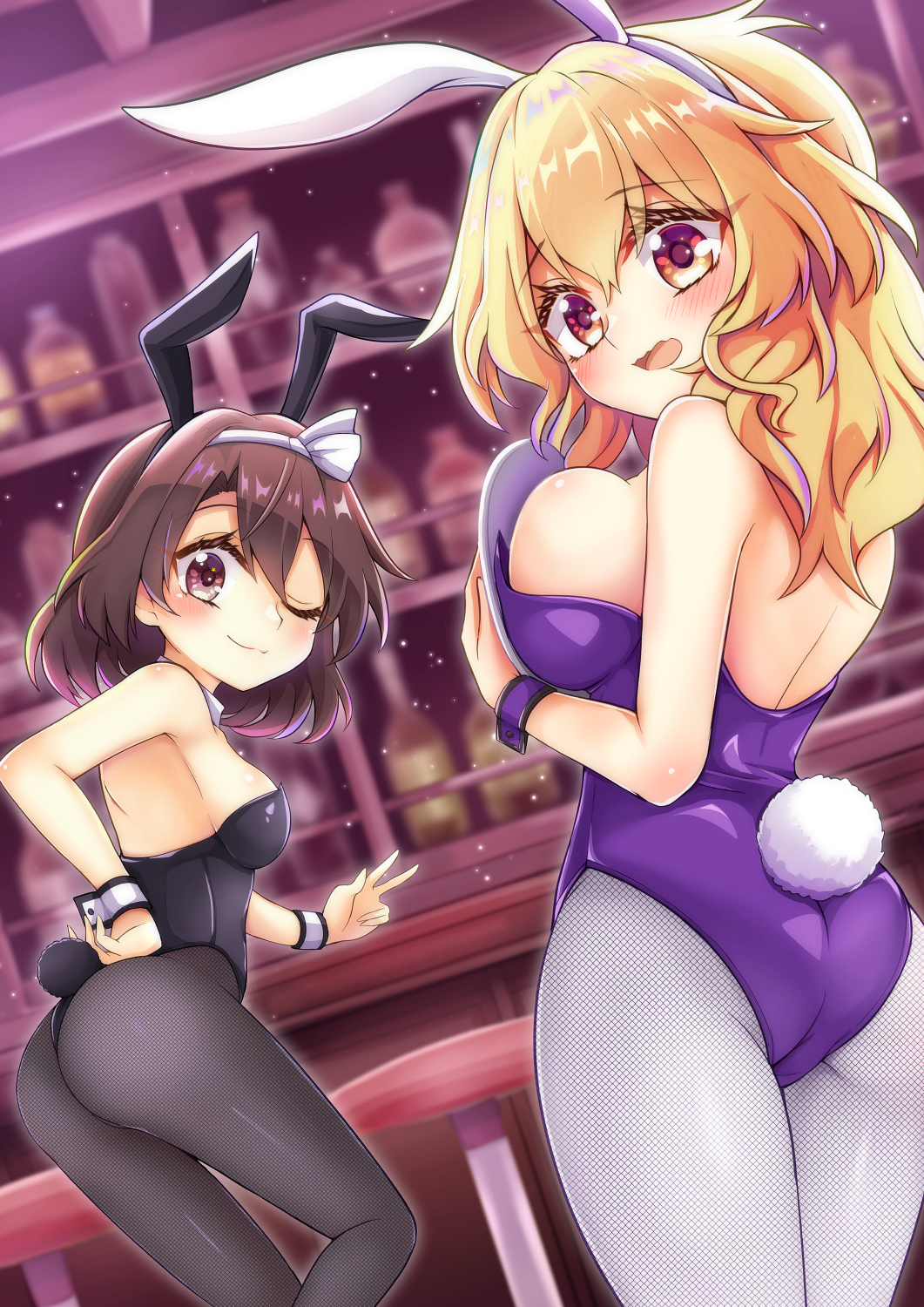 2girls, alcohol, animal_ears, ass, bar_(place), bar_stool, black_legwear, black_leotard