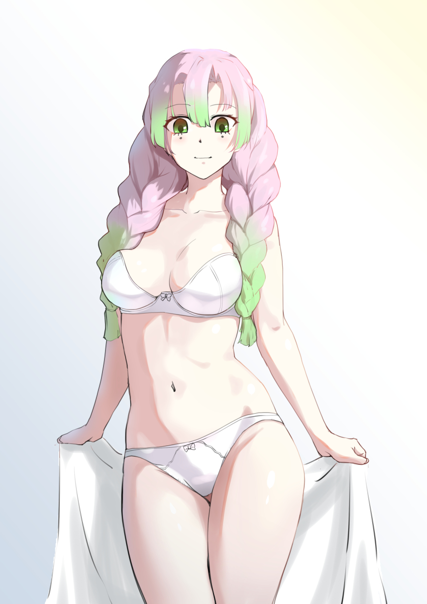1girl, absurdres, bra, breasts, closed_mouth, collarbone, copper, green_eyes, highres, holding, holding_towel, kanroji_mitsuri, kimetsu_no_yaiba, long_hair, looking_at_viewer, medium_breasts, mole, mole_under_eye, multicolored_hair, navel, panties, pink_hair, solo, standing, thighs, towel, underwear, white_background, white_bra, white_panties