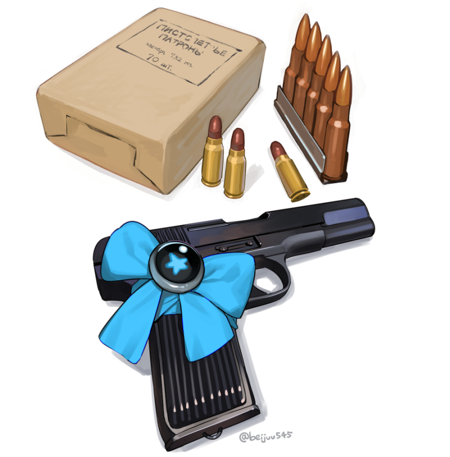 7.62x25_tokarev, ammunition, ammunition_box, beijuu, bow, bullet, clip_(weapon), girls'_frontline, gun, handgun, handgun_cartridge, no_humans, pistol_cartridge, rifle_cartridge, russian_text, simple_background, still_life, stripper_clip, tokarev_(girls'_frontline), tokarev_tt-33, weapon, weapon_focus, white_background