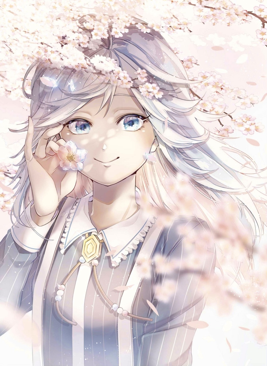1boy, iwakiyamayukisatoshironanogojuurokushi_akira, blue_eyes, cherry_blossoms, flower, grey_hair, hand_up, highres