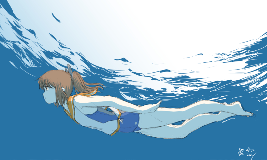 1girl, artist_logo, barefoot, blue_one-piece_swimsuit, brown_eyes, brown_hair, dated, full_body, hair_ornament, honda_yoshinobu, i-401_(kancolle), kantai_collection, legs, logo, long_hair, one-piece_swimsuit, orange_sailor_collar, ponytail, sailor_collar, school_swimsuit, shirt, side-tie_shirt, sleeveless, sleeveless_shirt, solo, swimming, swimsuit, swimsuit_under_clothes, underwater, water