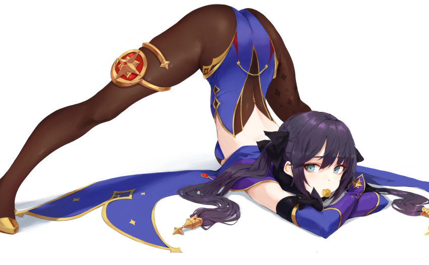 1girl, absurdres, aqua_eyes, arched_back, ass, black_gloves, black_pantyhose, black_ribbon, blue_leotard, breasts, coin, coin_in_mouth, commentary_request, detached_sleeves, flexible, genshin_impact, gloves, gold_footwear, hair_between_eyes, hair_ornament, hair_ribbon, highres, jack-o'_challenge, jewelry, leotard, leviathan_(hikinito0902), long_hair, looking_at_viewer, meme, mona_(genshin_impact), mora_(genshin_impact), mouth_hold, missing_headwear, pantyhose, ribbon, simple_background, small_breasts, solo, sparkle_print, spread_legs, thighlet, top-down_bottom-up, white_background