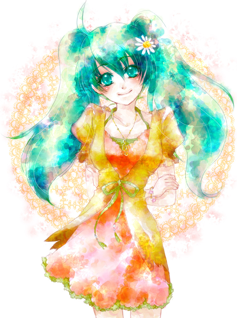 1girl, aqua_eyes, aqua_hair, dress, female_focus, flower, hatsune_miku, jacket, melt_(vocaloid), painting_(medium), pink_dress, pink_skirt, skirt, smile, solo, traditional_media, twintails, vocaloid, watercolor_(medium), yuzuru_kashiwagi