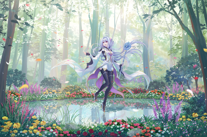 1girl, ahoge, black_gloves, black_pantyhose, breasts, commentary_request, dress, elsa_(g557744), fate/grand_order, fate_(series), fingerless_gloves, flower, forest, gloves, high_heels, holding, holding_staff, long_hair, medium_breasts, merlin_(fate/prototype), merlin_(second_ascension)_(fate/prototype), nature, open_mouth, pantyhose, petals, pointy_ears, pond, purple_eyes, short_dress, solo, staff, standing, standing_on_liquid, tree, very_long_hair, white_dress, white_footwear, white_hair