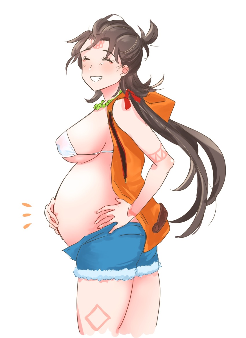 1girl, @mi_ne_ral, bead_necklace, beads, bikini, blue_shorts, blush, body_markings