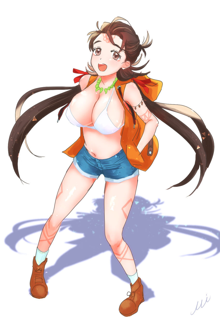 1girl, :d, @mi_ne_ral, bead_necklace, beads, bikini, blue_shorts, body_markings