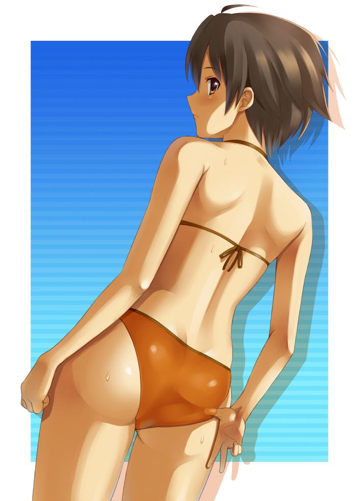 1girl, adjusting_clothes, adjusting_swimsuit, ass, back, bikini, blue_background, blush
