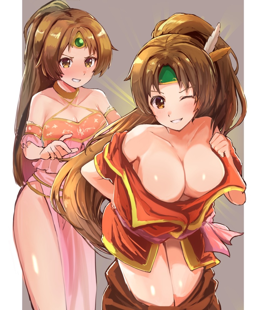 1boy, 1girl, bare_shoulders, blush, breasts, brown_eyes, brown_hair, character_transformation, circlet, cleavage, collarbone, commission, dress, embarrassed, fire_emblem, fire_emblem:_shadow_dragon_and_the_blade_of_light, fire_emblem_heroes, full-face_blush, green_headband, grin, headband, highres, jacket, kokokashira_(koko_ni_iru), large_breasts, linde_(fire_emblem), long_hair, nintendo, one_eye_closed, pink_dress, pixiv_commission, ponytail, red_jacket, side_slit, smile, transformation, very_long_hair, xane_(fire_emblem)