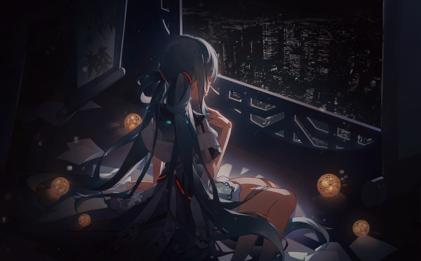 1girl, absurdres, amano_(amn_amn), aqua_hair, building, city, city_lights, cityscape