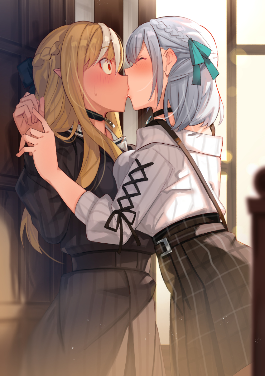 2girls, absurdres, against_door, assertive_female, asymmetrical_docking, bag, belt, black_choker, black_jacket, black_skirt, blonde_hair, blue_ribbon, blurry, blurry_foreground, blush, bokeh, braid, breast_press, breasts, brown_skirt, choker, closed_eyes, commentary, cowboy_shot, dark-skinned_female, dark_skin, depth_of_field, from_side, hair_between_eyes, hair_ribbon, half_up_braid, handbag, highres, hololive, indoors, jacket, kiss, lips, long_hair, medium_breasts, multicolored_hair, multiple_girls, plaid_clothes, plaid_skirt, pointy_ears, profile, red_eyes, ribbed_sweater, ribbon, sailor_collar, shiranui_flare, shiranui_flare_(street), shirogane_noel, shirogane_noel_(casual), short_hair, skirt, skirt_set, streaked_hair, striped, sunlight, surprise_kiss, surprised, sweatdrop, sweater, sweater_tucked_in, tonarikeru, two-tone_hair, vertical_stripes, virtual_youtuber, white_hair, white_sweater, wide-eyed, window, yuri