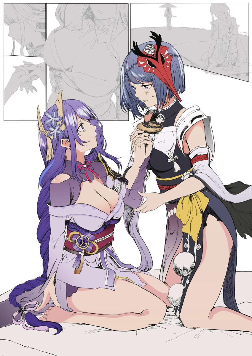 2girls, black_hair, black_wings, blush, braid, breasts, bridal_gauntlets, cleavage