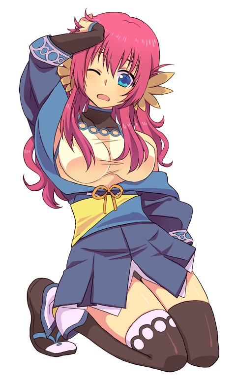 1girl, ainu_clothes, animal_ears, aquaplus, bare_shoulders, blue_eyes, breasts, full_body, hair_between_eyes, hand_on_forehead, kneeling, large_breasts, long_hair, looking_at_viewer, moff_child, nosuri, off_shoulder, one_eye_closed, red_hair, sandals, sidelocks, sleeveless, solo, thighhighs, utawarerumono, utawarerumono:_itsuwari_no_kamen, wavy_hair