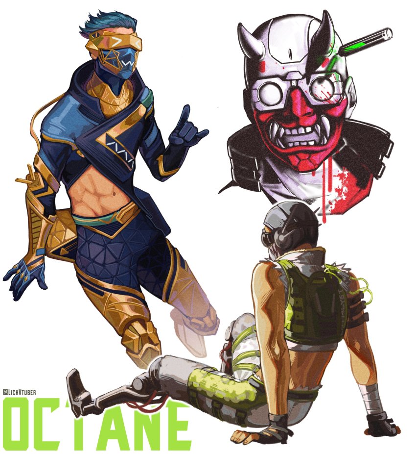 >_<, 1boy, abs, absurdres, apex_legends, black_headwear, blue_gloves, blue_hair, blue_jacket, bsapricot, character_name, cropped_vest, el_diablo_octane, fast_fashion_octane, gloves, goggles, green_vest, hair_slicked_back, highres, jacket, m/, male_focus, mask, mechanical_legs, mouth_mask, multiple_views, navel, object_through_head, octane_(apex_legends), oni_mask, sitting, syringe_in_head, vest
