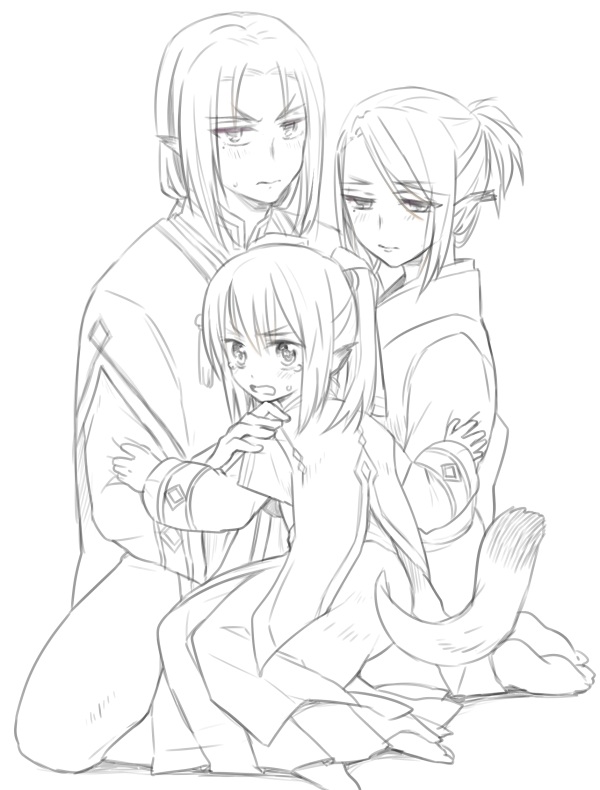 1boy, 2girls, age_difference, ainu_clothes, animal_ears, aquaplus, blush, brother_and_sister