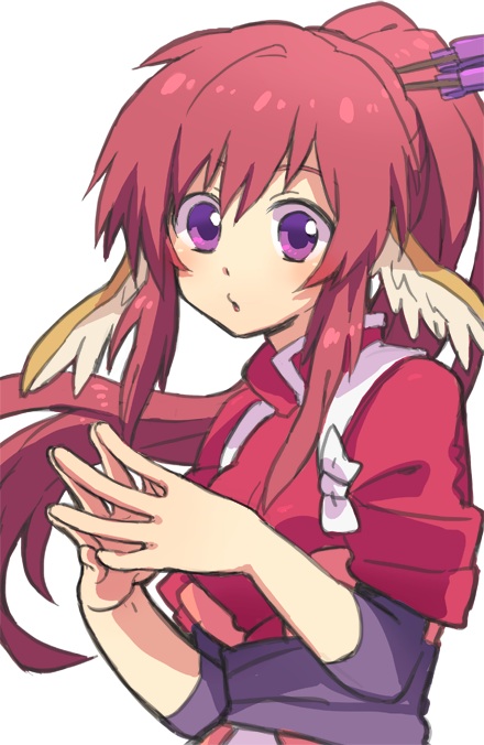 1girl, animal_ears, aquaplus, blush, breasts, collared_dress, dress, hair_between_eyes, hair_ornament, long_hair, looking_at_viewer, medium_breasts, moff_child, open_mouth, own_hands_together, ponytail, purple_eyes, raised_eyebrows, red_hair, sidelocks, solo, touka_(utawarerumono), upper_body, utawarerumono, very_long_hair