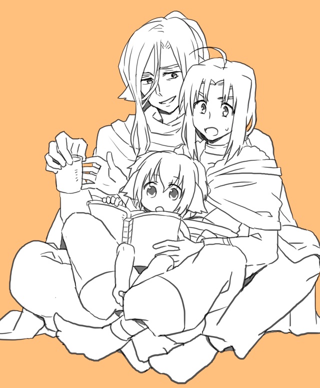 1girl, 2boys, age_difference, ahoge, animal_ears, aquaplus, book, eyes_visible_through_hair