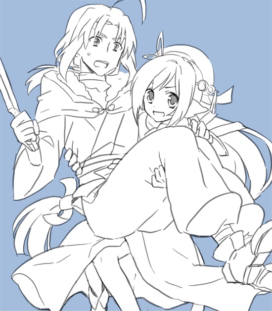 1boy, 1girl, absurdly_long_hair, ahoge, animal_ears, aquaplus, carrying, carrying_person