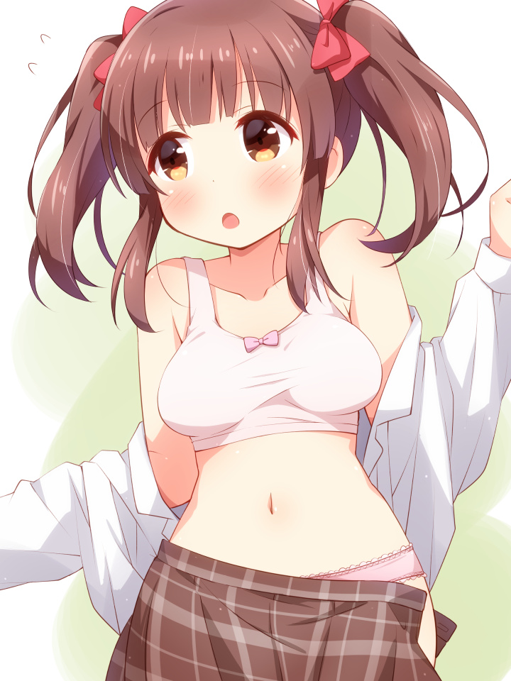 1girl, :o, bare_shoulders, blush, bow, bra, breasts, brown_eyes, brown_hair, brown_skirt, collarbone, diagonal_stripes, flying_sweatdrops, hair_bow, idolmaster, long_sleeves, looking_at_viewer, medium_breasts, midriff, mikan-ya, navel, ogata_chieri, open_clothes, open_mouth, panties, pink_bow, pink_panties, plaid_clothes, plaid_skirt, pleated_skirt, red_bow, shirt, sidelocks, skirt, solo, striped_background, tagme, twintails, underwear, undressing, vertical_stripes, white_shirt