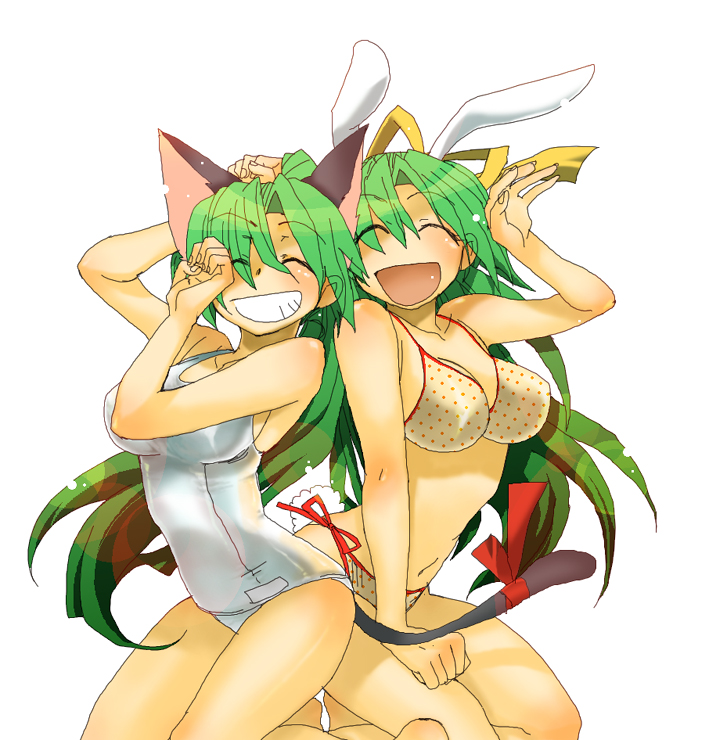 00s, 2girls, :d, animal_ears, bad_id, bad_pixiv_id, bikini, breasts, cat_ears, cat_tail, closed_eyes, grin, happy, higurashi_no_naku_koro_ni, kemonomimi_mode, multiple_girls, one-piece_swimsuit, open_mouth, paw_pose, rabbit_ears, ribbon, school_swimsuit, siblings, side-tie_bikini_bottom, sisters, smile, sonozaki_mion, sonozaki_shion, suwaru, swimsuit, tail, tail_ornament, tail_ribbon, twins, when_they_cry, white_school_swimsuit, white_one-piece_swimsuit