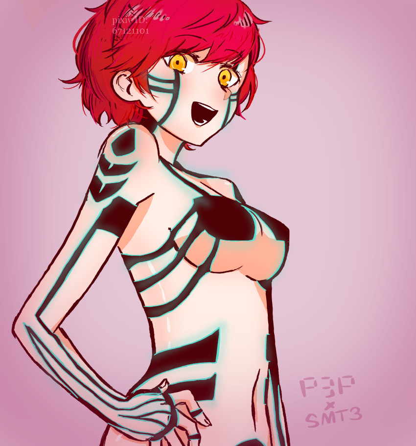 1girl, absurdres, artist_request, bad_id, bad_pixiv_id, breasts, company_connection, cosplay, demi-fiend, demi-fiend_(cosplay), full-body_tattoo, hair_ornament, hairclip, highres, large_breasts, long_hair, looking_at_viewer, navel, persona, persona_3, ribbon, shin_megami_tensei, shin_megami_tensei_iii:_nocturne, shiomi_kotone, simple_background, smile, solo, tattoo, topless_female, yellow_eyes