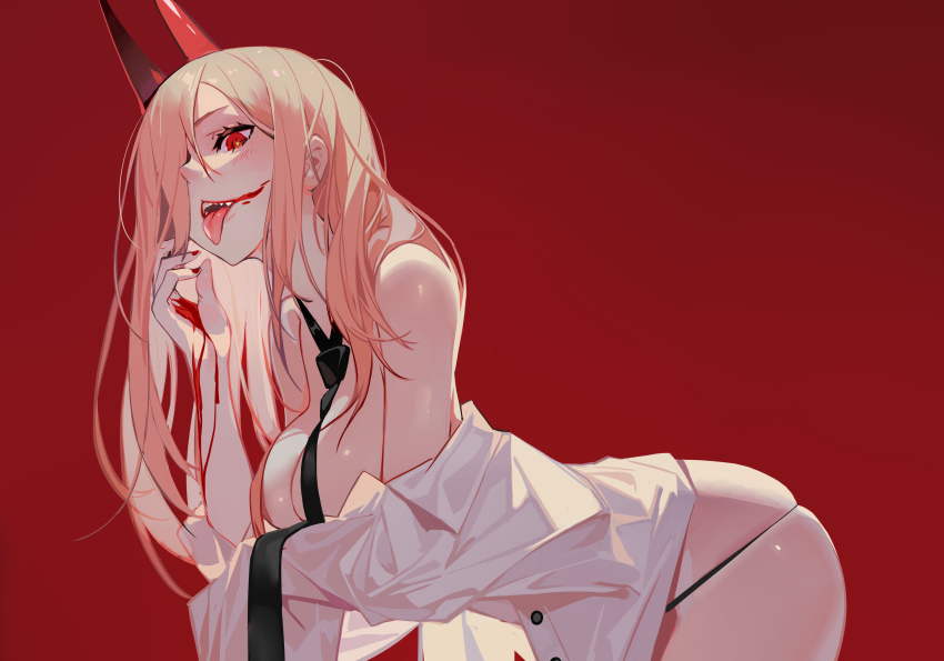 +_+, 1girl, absurdres, bent_over, black_necktie, black_panties, blonde_hair, blood, blood_on_face, blood_on_hands, blush, breasts, chainsaw_man, commentary, convenient_censoring, convenient_neckwear, cowboy_shot, cross-shaped_pupils, demon_horns, dress_shirt, eyelashes, grandia_lee, hair_between_eyes, hair_over_breasts, hair_over_one_breast, hair_over_one_eye, highres, horns, long_hair, looking_at_viewer, medium_breasts, nail_polish, necktie, no_bra, off_shoulder, open_clothes, open_mouth, open_shirt, panties, parted_bangs, partially_undressed, power_(chainsaw_man), red_background, red_eyes, red_nails, sharp_teeth, shirt, simple_background, skindentation, solo, symbol-shaped_pupils, teeth, tongue, tongue_out, underwear, white_shirt