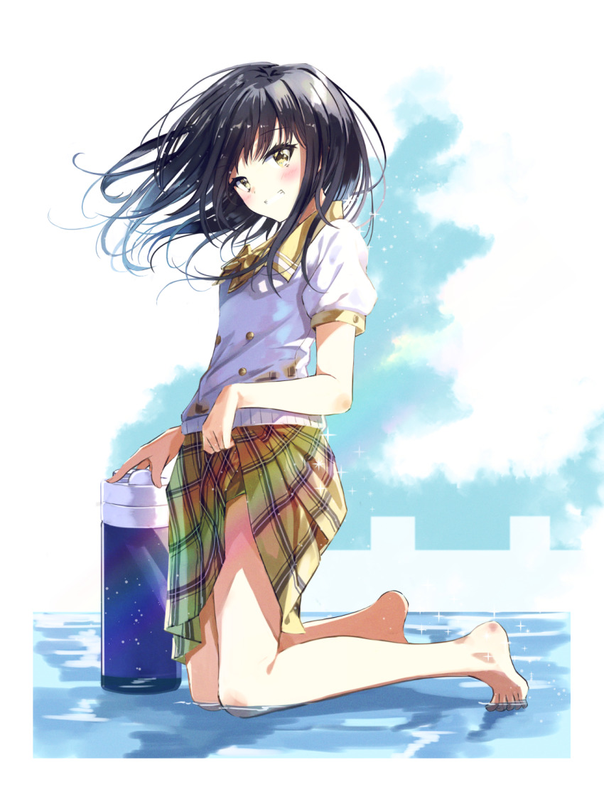1girl, :d, barefoot, black_hair, clothes_lift, feet, female_focus, gefujin