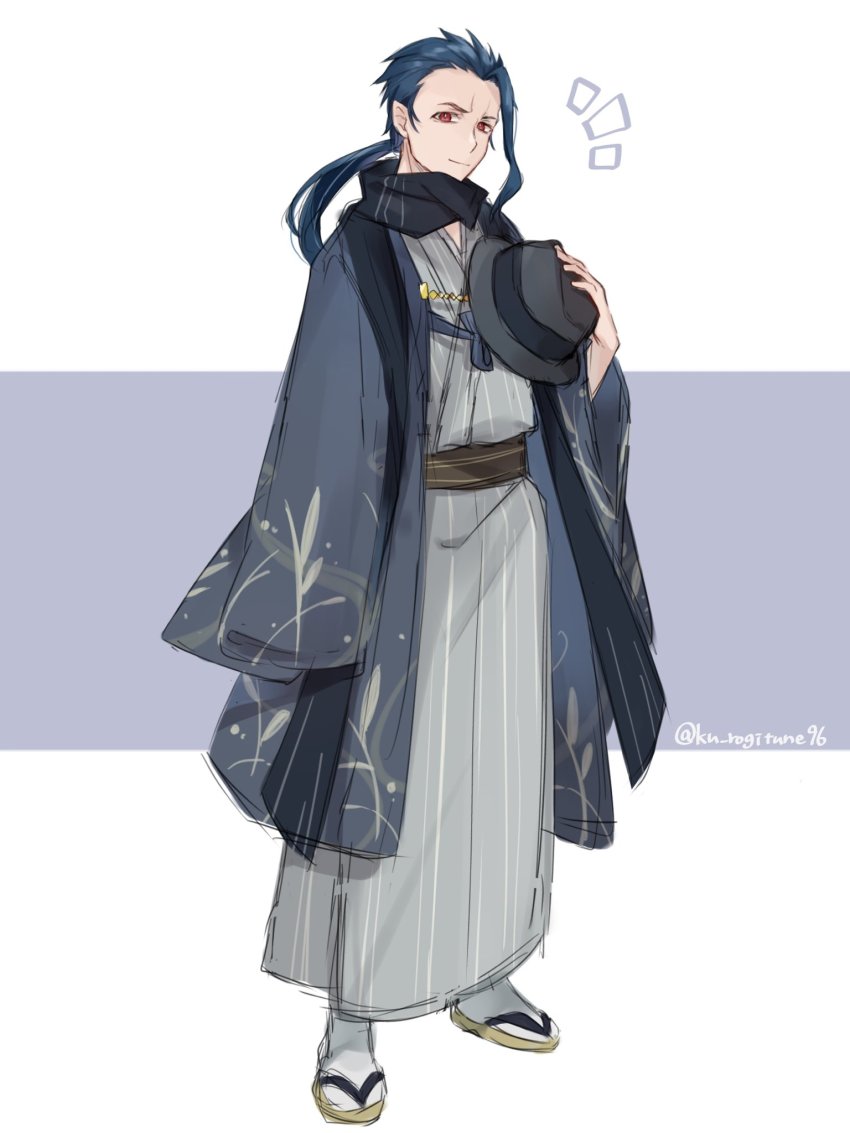 1boy, alternate_costume, blue_hair, commentary_request, fedora, grey_hat, grey_kimono, grey_socks