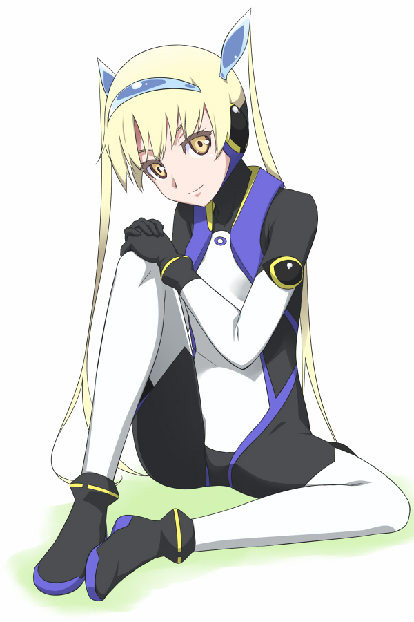 00s, 1girl, bad_id, bad_pixiv_id, blonde_hair, bodysuit, brown_eyes, element_hunters, female_focus, full_body, gradient_background, hannah_weber, leg_lift, long_hair, sitting, solo, twintails, white_background, youkan