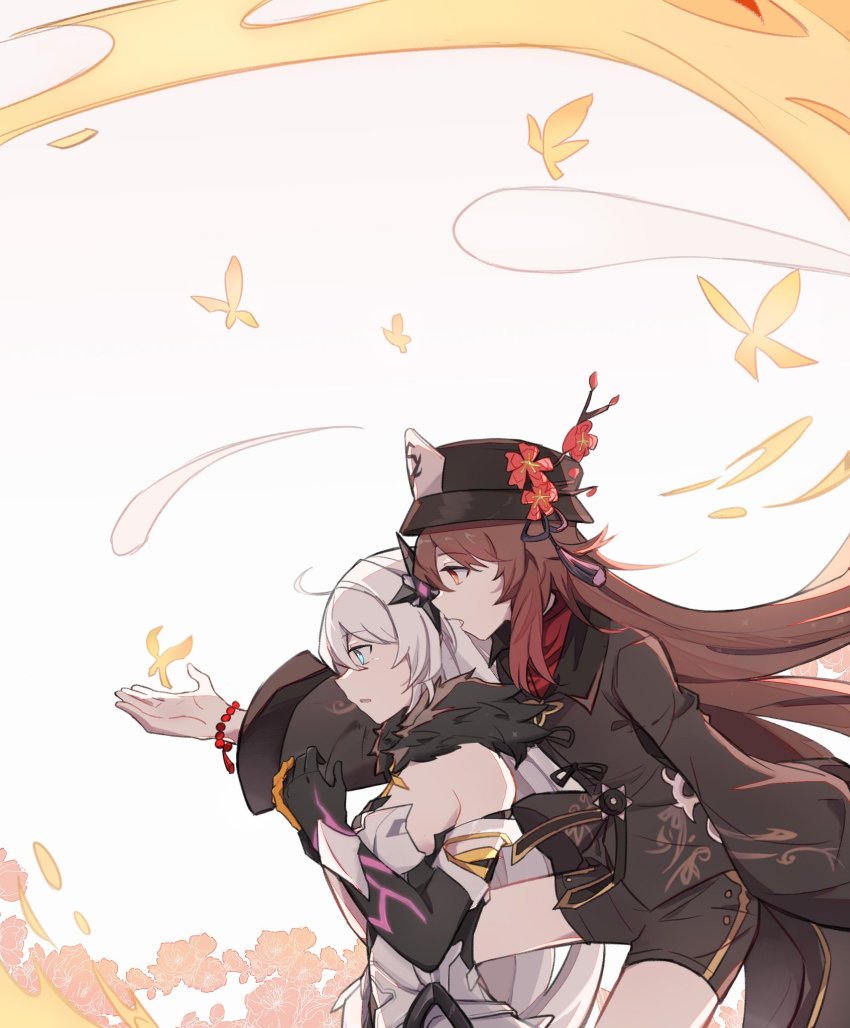 2girls, :o, antenna_hair, asymmetrical_gloves, black_gloves, black_headwear, blue_eyes, branch, brown_hair, brown_shirt, brown_shorts, bug, butterfly, chinese_clothes, company_connection, crossover, genshin_impact, gloves, hair_ornament, highres, honkai_(series), honkai_impact_3rd, hu_tao_(genshin_impact), insect, kiana_kaslana, kiana_kaslana_(herrscher_of_the_void), long_hair, long_sleeves, looking_at_animal, mihoyo, mismatched_gloves, multiple_girls, open_mouth, red_eyes, shirt, shiying_no_yao, shorts, sleeveless, uneven_gloves, voice_actor_connection, white_background, white_hair, yellow_butterfly, yellow_gloves