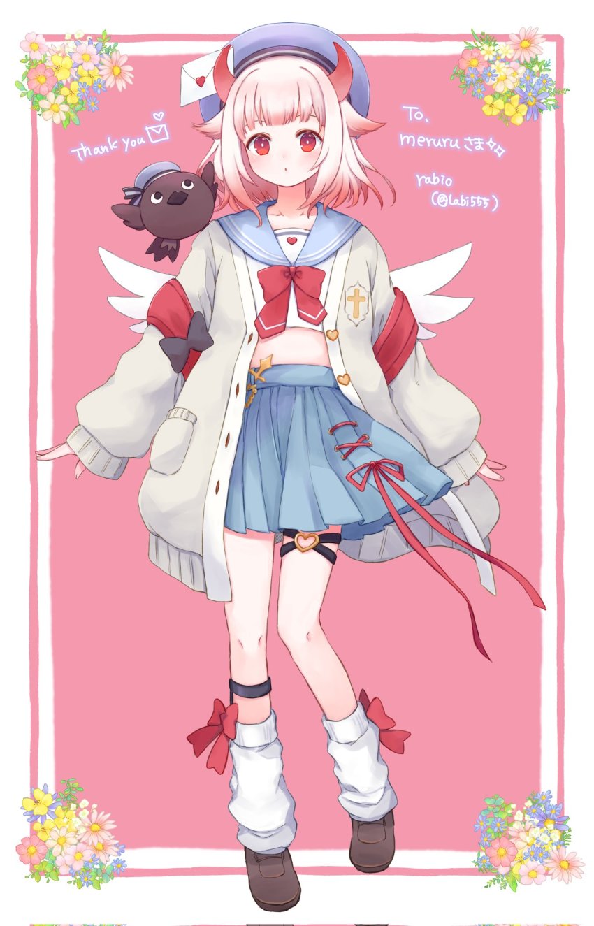 1girl, :o, armband, beret, black_bow, black_eyes, blue_hat, blue_skirt