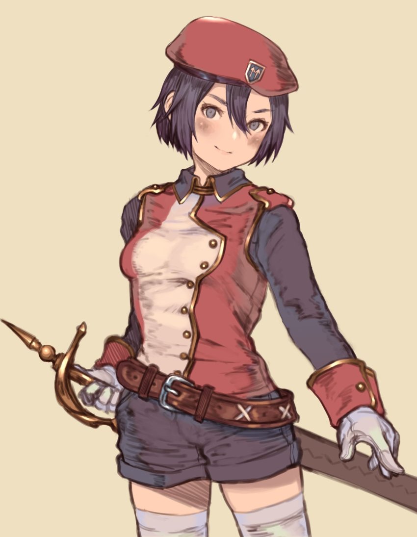 1girl, 2equal8, belt, beret, black_hair, blue_eyes, blush, breasts