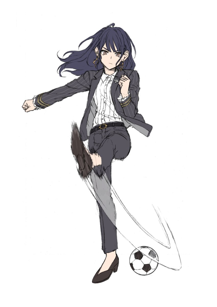 1girl, absurdres, arms_up, ball, belt, black_footwear, black_hair, black_legwear, blazer, brooch, dark-skinned_female, dark_skin, dress_shirt, earrings, formal_clothes, frilled_cuffs, full_body, hair_between_eyes, high_heels, highres, jacket, jewelry, kicking, kuzumi_taiyou, leg_up, long_hair, long_sleeves, office_lady, original, pants, serious, shirt, sidelocks, simple_background, soccer, soccer_ball, solo, suit, white_background, yellow_eyes