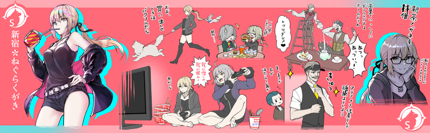 2girls, 3boys, animal, artoria_pendragon_(fate), bare_legs, barefoot, belt, blonde_hair, breasts, burger, cavall_ii_(fate), coat, controller, cup, dog, drinking, eating, edmond_dantes_(fate), fate/grand_order, fate_(series), food, fou_(fate), game_controller, glasses, highres, holding, holding_cup, holding_food, jacket, james_moriarty_(archer)_(fate), jeanne_d'arc_(fate), jeanne_d'arc_alter_(avenger)_(fate), jeanne_d'arc_alter_(fate), jeanne_d'arc_alter_(ver._shinjuku_1999)_(fate), long_hair, looking_at_viewer, multiple_boys, multiple_girls, official_alternate_costume, playing_games, playing_video_games, ponytail, saber_alter, saber_alter_(ver._shinjuku_1999), saber_alter_(ver._shinjuku_1999)_(fate), sherlock_holmes_(fate), sherlock_holmes_(first_ascension)_(fate), shirt, short_hair, shorts, silver_hair, sitting, smile, suishougensou