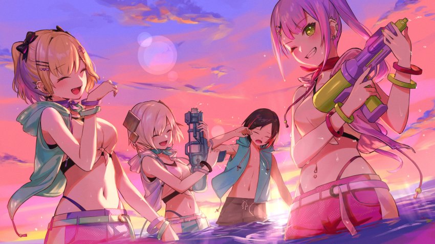 1boy, 3girls, absurdres, ars_almal, black_bow, black_hair, blonde_hair, blue_vest, bow, bracelet, breasts, choker, closed_eyes, cloud, crazy_raccoon, drawstring, ear_piercing, earrings, fang, fangs, fingernails, green_eyes, green_nails, green_vest, grin, hair_bow, hair_ornament, hairclip, highleg, highleg_one-piece_swimsuit, highres, hololive, hood, hood_down, hooded_vest, hoodie, iris_black_games, jewelry, kurumi_noah, laughing, looking_at_viewer, medium_breasts, midriff, multicolored_hair, multicolored_nails, multiple_girls, nail_polish, navel_piercing, nemoto_yuuma, nijisanji, ocean, one-piece_swimsuit, one_eye_closed, open_mouth, piercing, pink_vest, ponytail, purple_hair, purple_nails, red_hair, ribbon_choker, shirt, shorts, sky, sleeveless, sleeveless_shirt, smile, streaked_hair, summer, swimsuit, tank_top, tattoo, tied_shirt, tokoyami_towa, trigger_discipline, uruca_(vtuber), vest, virtual_youtuber, vspo!, wading, water_gun, wet, white_hair, white_tank_top