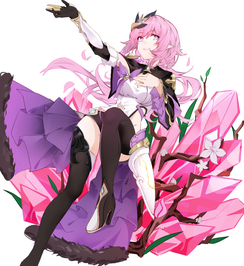 1girl, absurdres, black_boots, black_gloves, boots, crystal, elysia_(honkai_impact), elysia_(miss_pink_elf)_(honkai_impact)