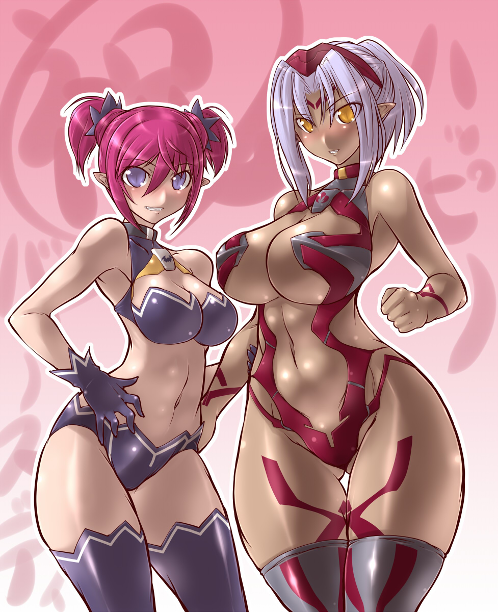 10s, 2girls, breasts, busou_shinki, cleavage, curvy, dark_skin, dark-skinned_female, darui_hito, graffias, highres, large_breasts, midriff, multiple_girls, navel, pink_hair, purple_eyes, purple_hair, short_twintails, thick_thighs, thighhighs, thighs, twintails, vespelio, wide_hips, yellow_eyes