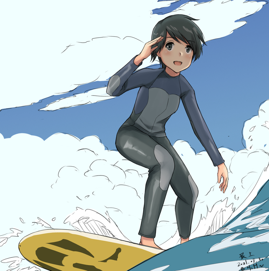 1girl, alternate_costume, anatamo, androgynous, artist_name, black_hair, black_wetsuit, blue_sky
