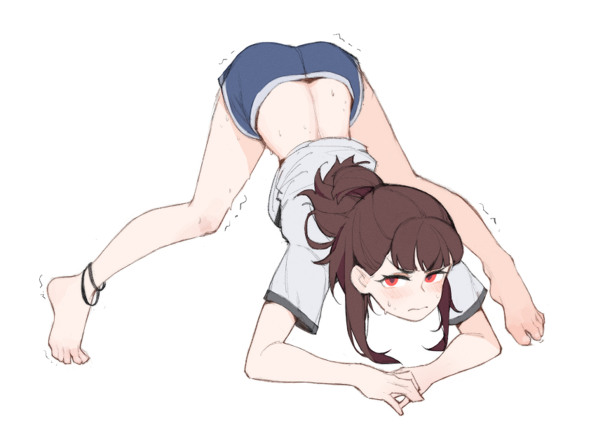 1girl, ^^^, absurdres, ankleband, barefoot, blue_panties, blush, boyshort_panties, brown_hair, closed_mouth, embarrassed, full_body, highres, jack-o'_challenge, kagari_atsuko, lan_mao_akko, little_witch_academia, looking_at_viewer, panties, ponytail, red_eyes, shirt, short_ponytail, short_shorts, shorts, simple_background, solo, tiptoes, toes, top-down_bottom-up, trembling, underwear, white_background, white_shirt