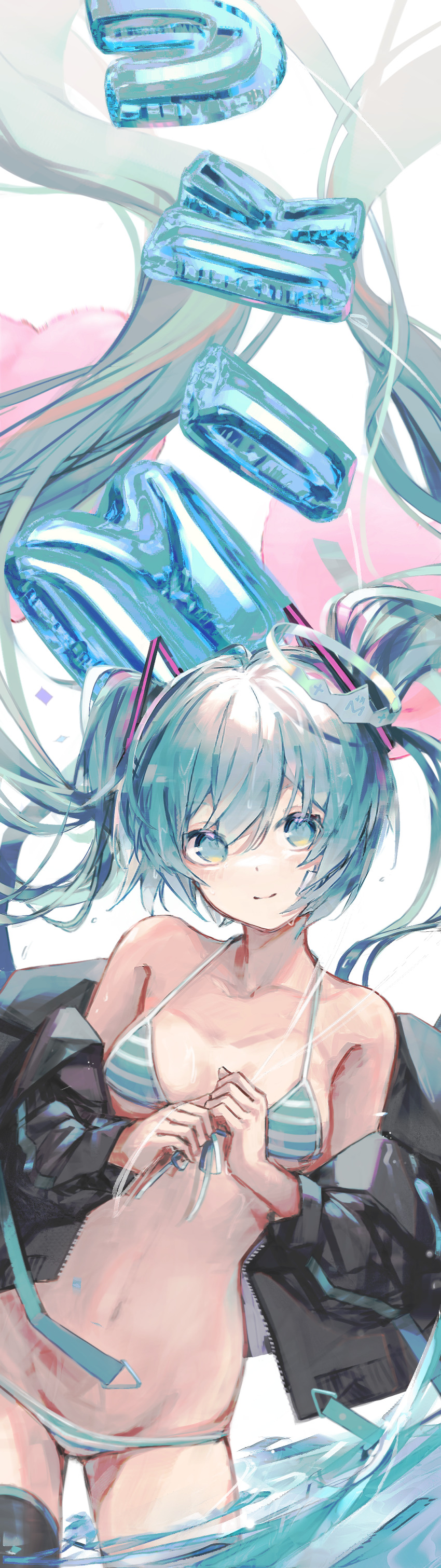 1girl, absurdres, azarasi_haru, balloon, bare_shoulders, bikini, black_jacket, black_thighhighs