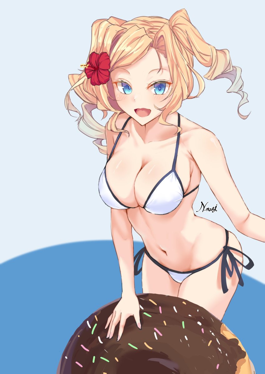 1girl, bad_id, bad_twitter_id, bikini, blonde_hair, blue_background, blue_eyes, blush