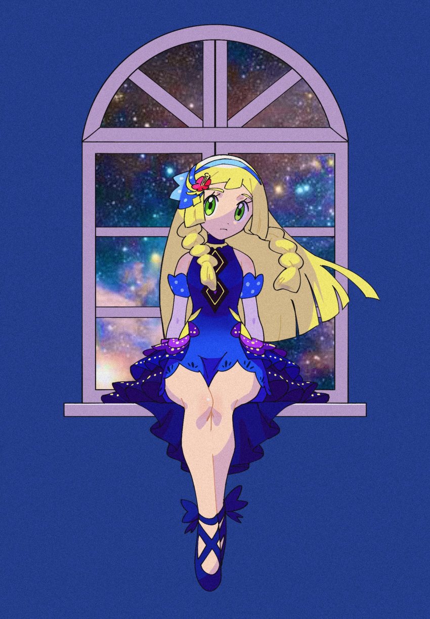 1girl, bare_shoulders, blonde_hair, blue_dress, blue_shoes, braid, closed_mouth, dress, elbow_gloves, eyelashes, floating_hair, flower, gloves, green_eyes, hair_flower, hair_ornament, highres, hungry_seishin, lillie_(anniversary_2021)_(pokemon), lillie_(pokemon), long_hair, looking_at_viewer, nintendo, official_alternate_costume, pokemon, pokemon_masters_ex, red_flower, shoes, sitting, sleeveless, sleeveless_dress, solo, twin_braids