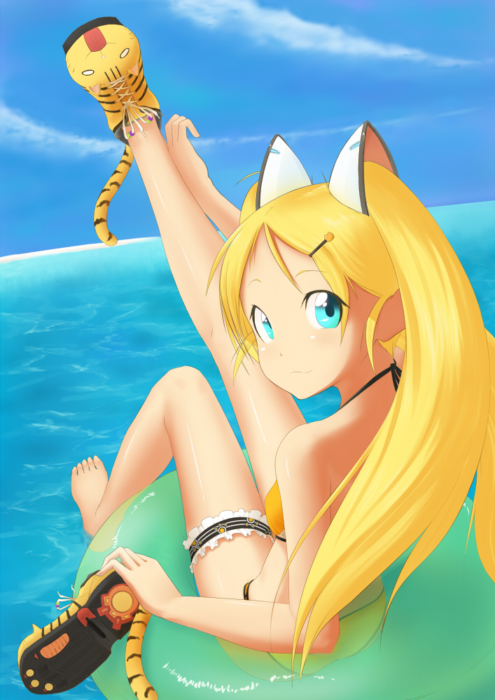 1girl, afloat, animal_ears, aqua_eyes, bad_id, bad_pixiv_id, barefoot, bikini
