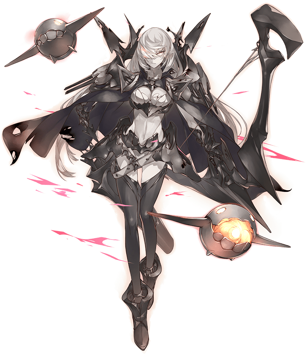 1girl, abyssal_ship, armor, bow_(weapon), breasts, cape, closed_mouth, enemy_aircraft_(kancolle), european_armored_aircraft_carrier_princess, full_body, gauntlets, glowing, glowing_eye, highres, holding, holding_bow_(weapon), holding_weapon, kantai_collection, konishi_(koconatu), large_breasts, long_hair, official_art, pale_skin, simple_background, solo, torn_cape, torn_clothes, transparent_background, weapon, white_hair, yellow_eyes