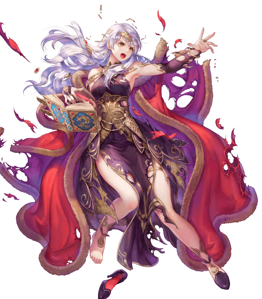 1girl, armpits, bare_shoulders, barefoot, book, breasts, bridal_gauntlets, brown_eyes, dress, fire_emblem, fire_emblem:_radiant_dawn, fire_emblem_heroes, floating, floating_object, full_body, fur_trim, haccan, hair_ornament, high_heels, highres, jewelry, long_hair, looking_away, medium_breasts, micaiah_(fire_emblem), micaiah_(radiant_queen)_(fire_emblem), nintendo, official_art, open_book, open_mouth, purple_dress, silver_hair, solo, thigh_strap, tiara, toes, torn_clothes, torn_dress, transparent_background