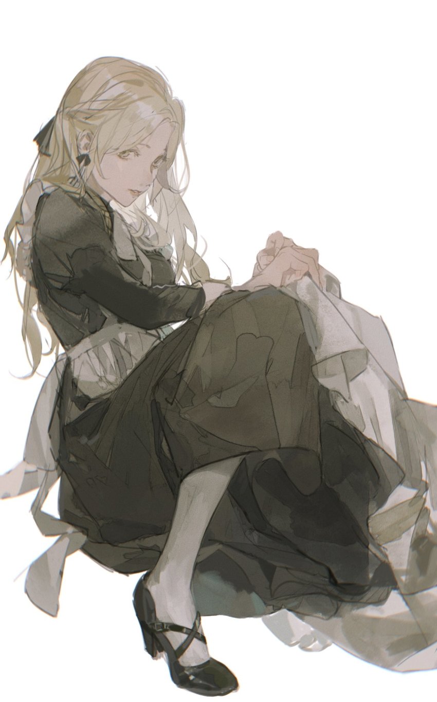 1girl, black_dress, black_footwear, blonde_hair, bow, dress, earrings, green_eyes, hair_bow, hand_on_hand, hand_on_legs, highres, jewelry, long_hair, looking_at_viewer, maid, maid_headdress, open_mouth, original, pale_skin, pantyhose, puffy_sleeves, rd_chet, serious, simple_background, sitting, solo, white_background, white_pantyhose