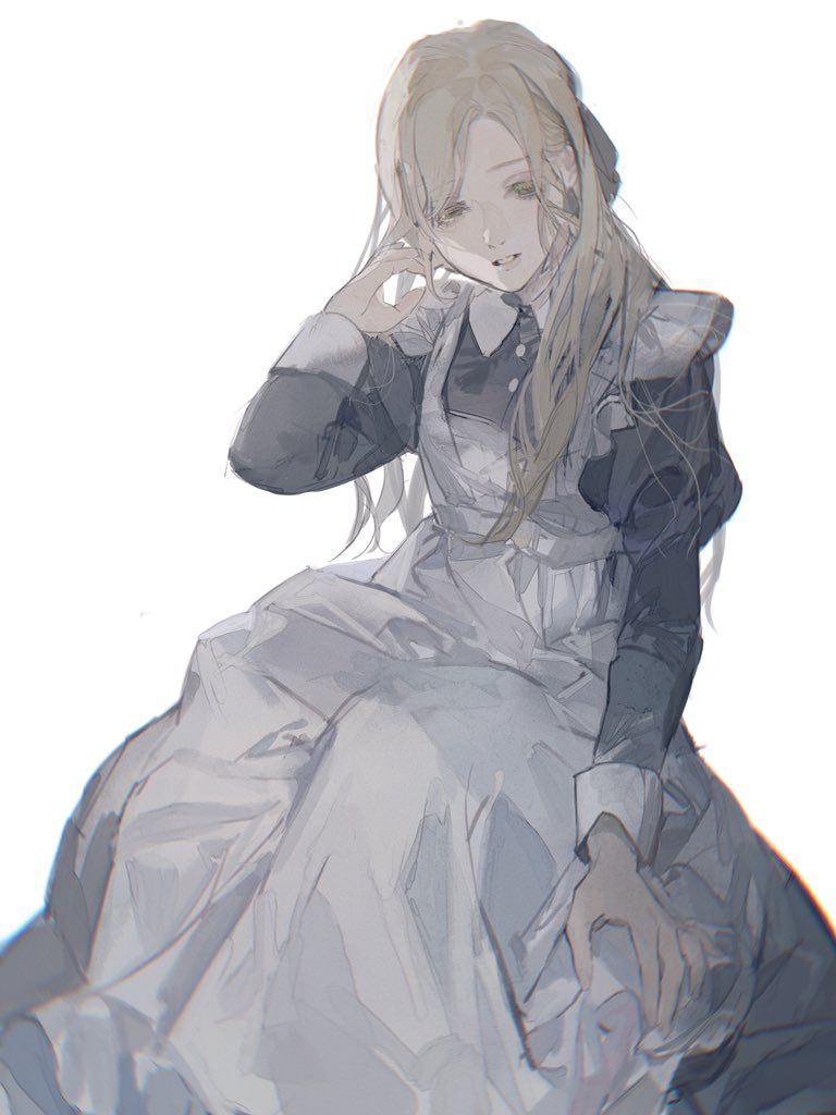 1girl, blonde_hair, dress, green_eyes, hand_in_own_hair, hand_on_leg, long_dress, long_hair