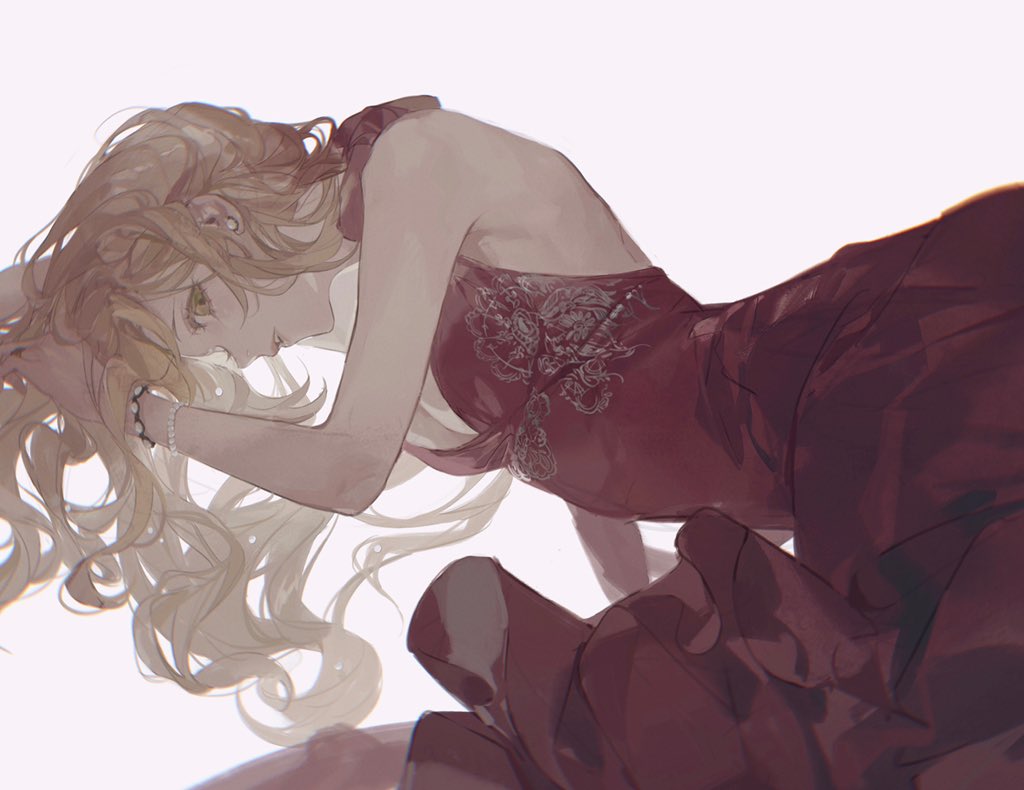 1girl, arm_up, bare_shoulders, blonde_hair, bracelet, character_request, copyright_request, dress