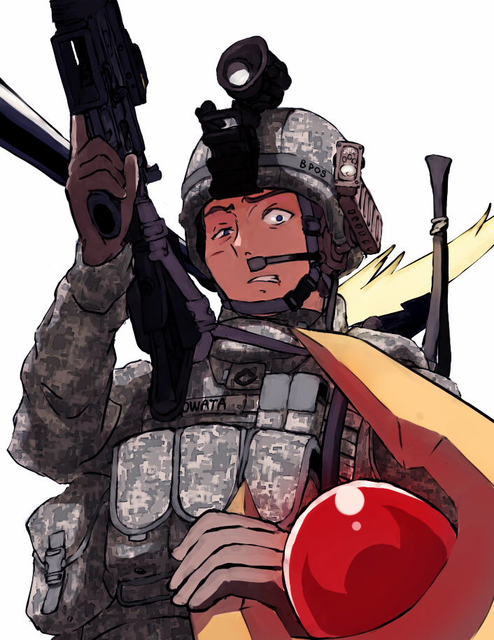 00s, 1boy, assault_rifle, bad_id, bad_pixiv_id, bardiche_(nanoha), bardiche_(scythe_form)_(nanoha), camouflage, gun, helmet, lyrical_nanoha, m4_carbine, mahou_shoujo_lyrical_nanoha, male_focus, military, military_combat_uniform, military_uniform, raising_heart, raising_heart_(shooting_mode), rifle, shibafu_(glock23), solo, trigger_discipline, weapon